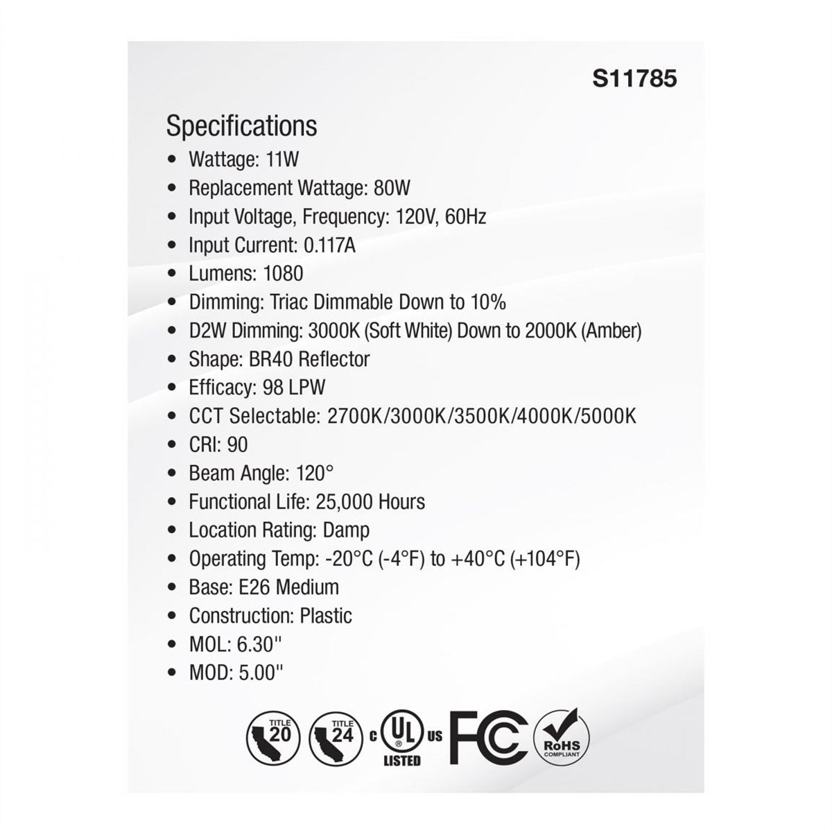 R40/BR40 LED Bulb, 11 Watts, 1080 Lumens, Dim to Warm & CCT Selectable, E26 Medium Base, 120° Flood