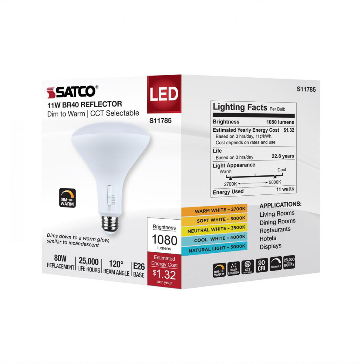 R40/BR40 LED Bulb, 11 Watts, 1080 Lumens, Dim to Warm & CCT Selectable, E26 Medium Base, 120° Flood