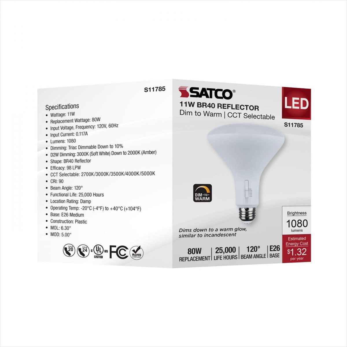 R40/BR40 LED Bulb, 11 Watts, 1080 Lumens, Dim to Warm & CCT Selectable, E26 Medium Base, 120° Flood