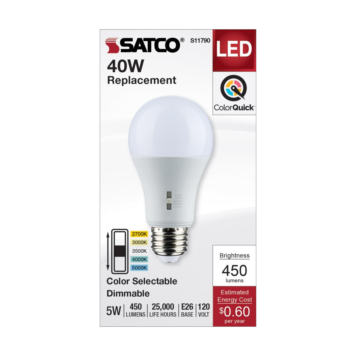 A19 LED Bulb, 40W Equivalent, 5 Watt, 450 Lumens, Selectable CCT 2700K to 5000K, E26 Medium Base, Frosted Finish