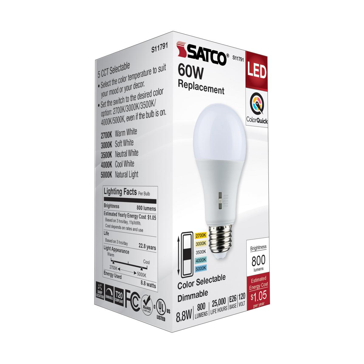 A19 LED Bulb, 60W Equivalent, 9 Watt, 800 Lumens, Selectable CCT 2700K to 5000K, E26 Medium Base, Frosted Finish - Bees Lighting