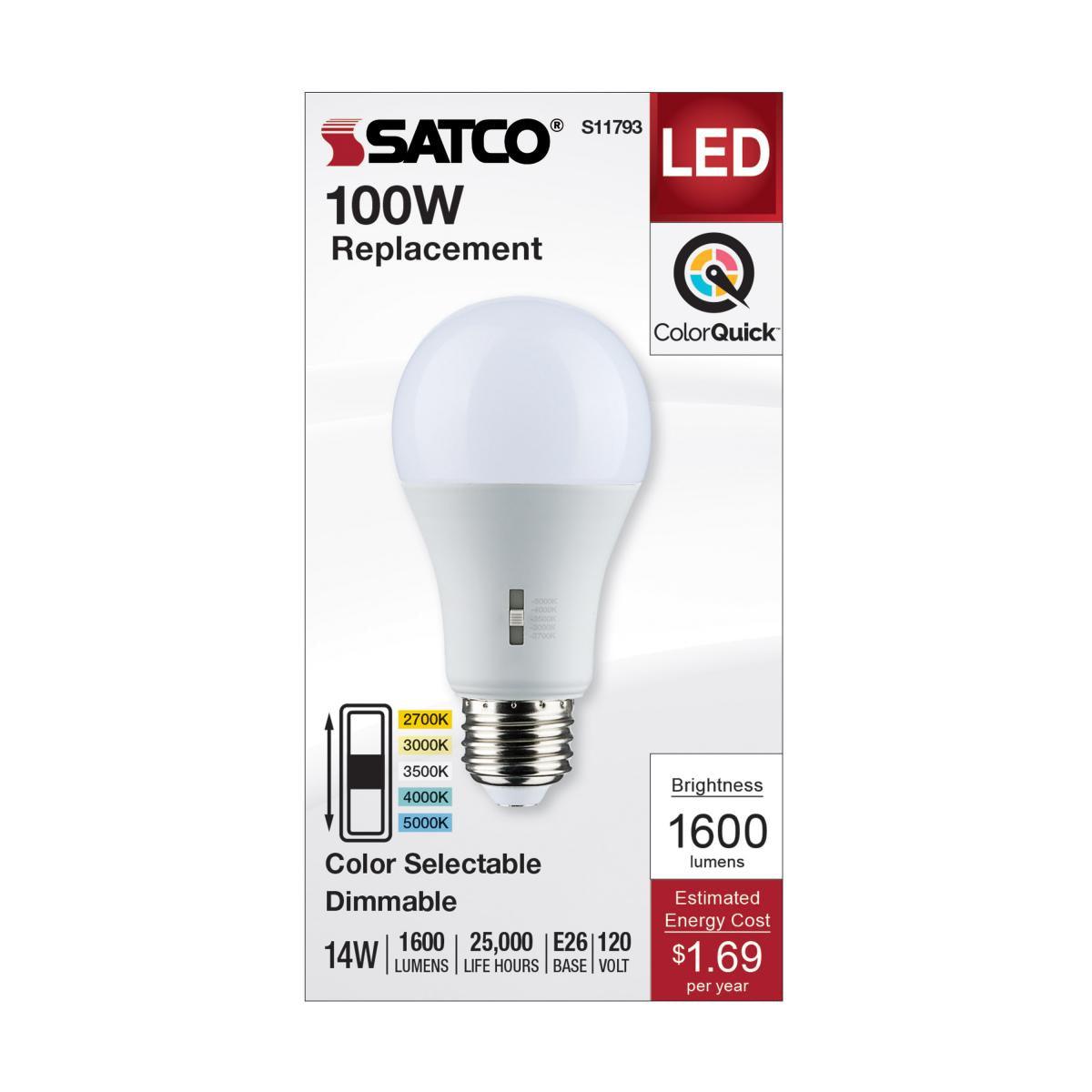 A19 LED Bulb, 100W Equivalent, 14 Watt, 1600 Lumens, Selectable CCT 2700K to 5000K, E26 Medium Base, Frosted Finish