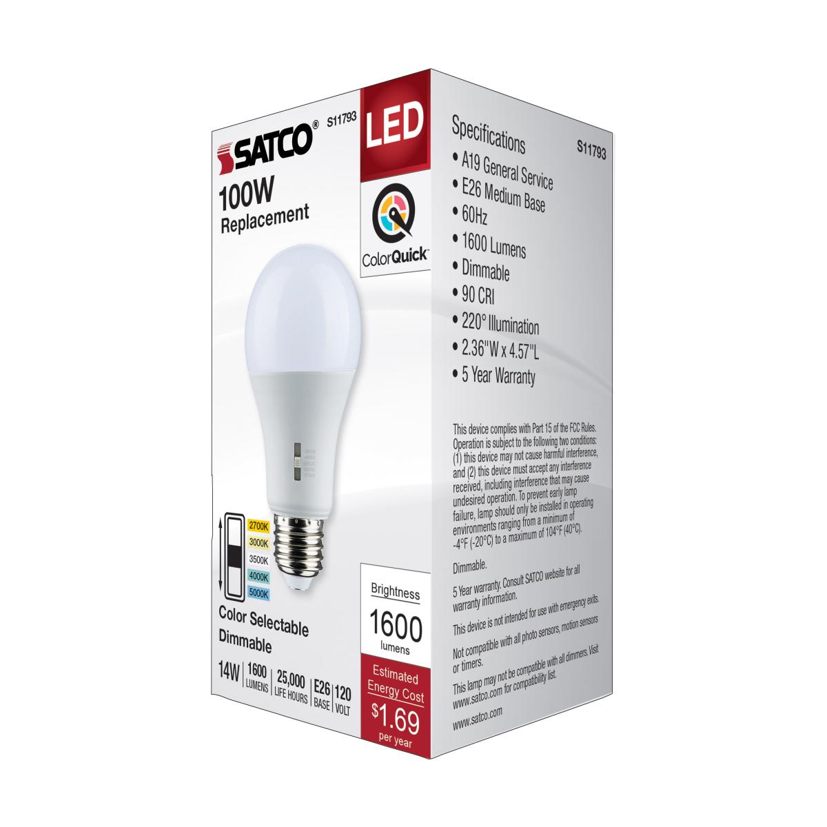 A19 LED Bulb, 100W Equivalent, 14 Watt, 1600 Lumens, Selectable CCT 2700K to 5000K, E26 Medium Base, Frosted Finish - Bees Lighting