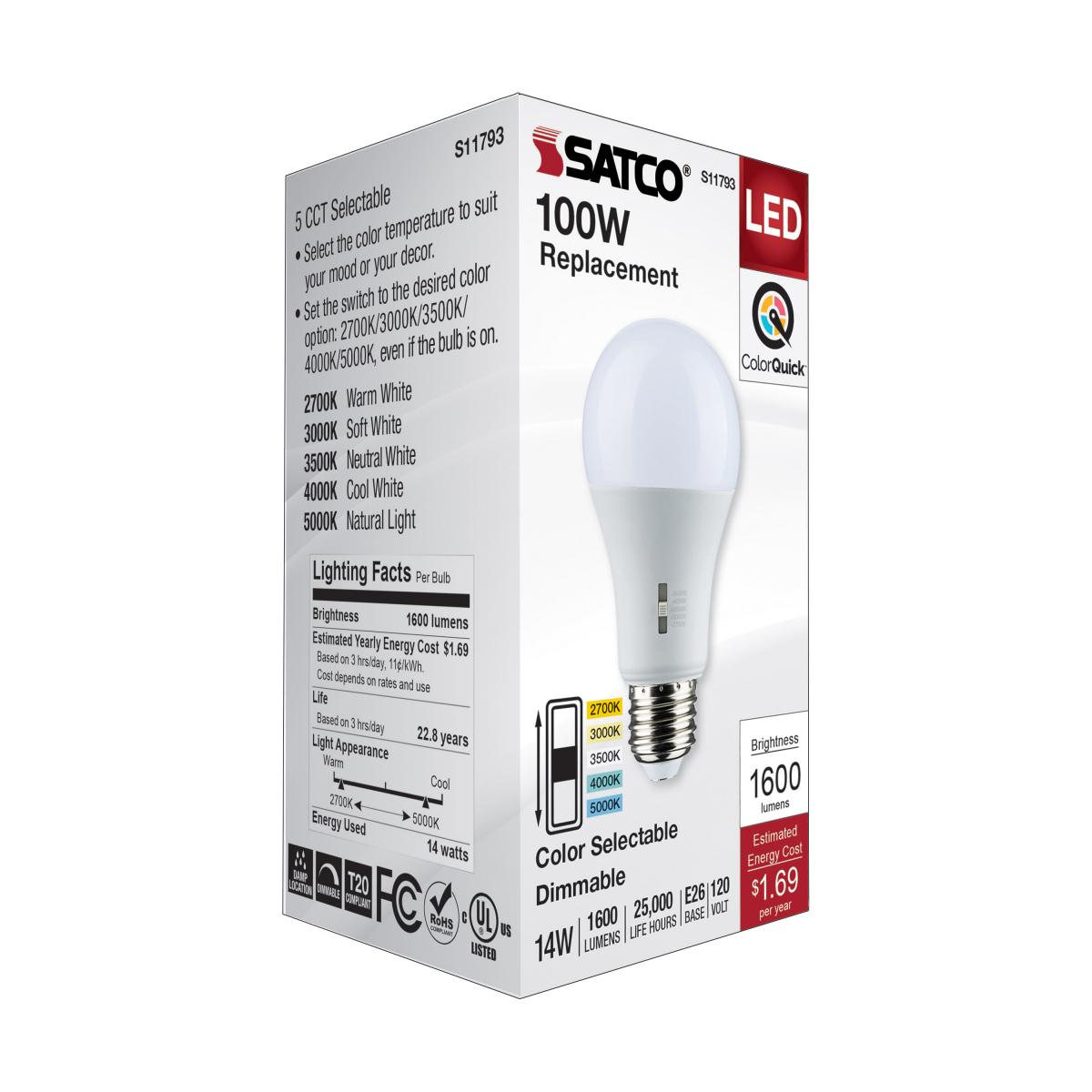 A19 LED Bulb, 100W Equivalent, 14 Watt, 1600 Lumens, Selectable CCT 2700K to 5000K, E26 Medium Base, Frosted Finish - Bees Lighting
