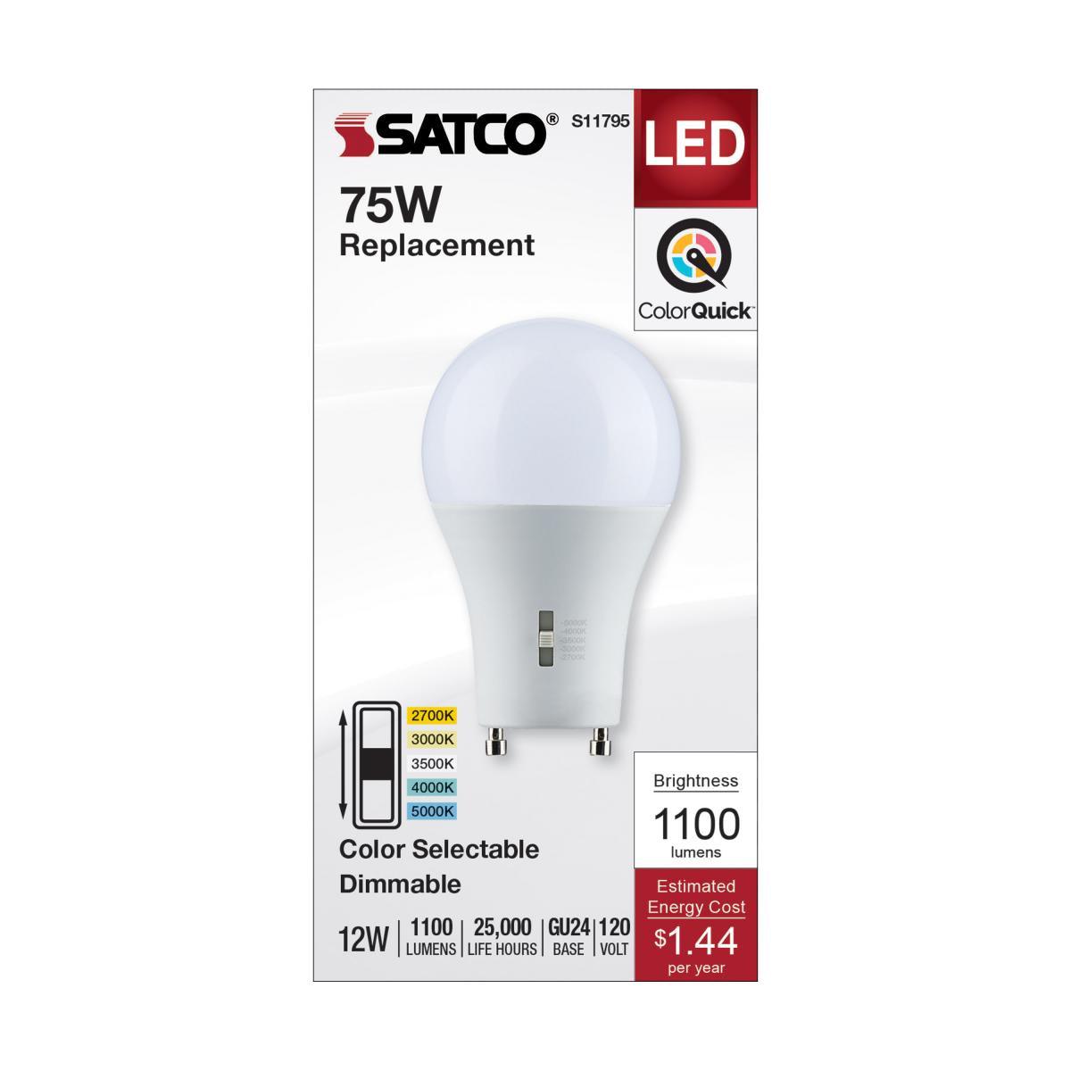 A19 LED Bulb, 75W Equivalent, 12 Watt, 1100 Lumens, Selectable CCT 2700K to 5000K, GU24 Base, Frosted Finish