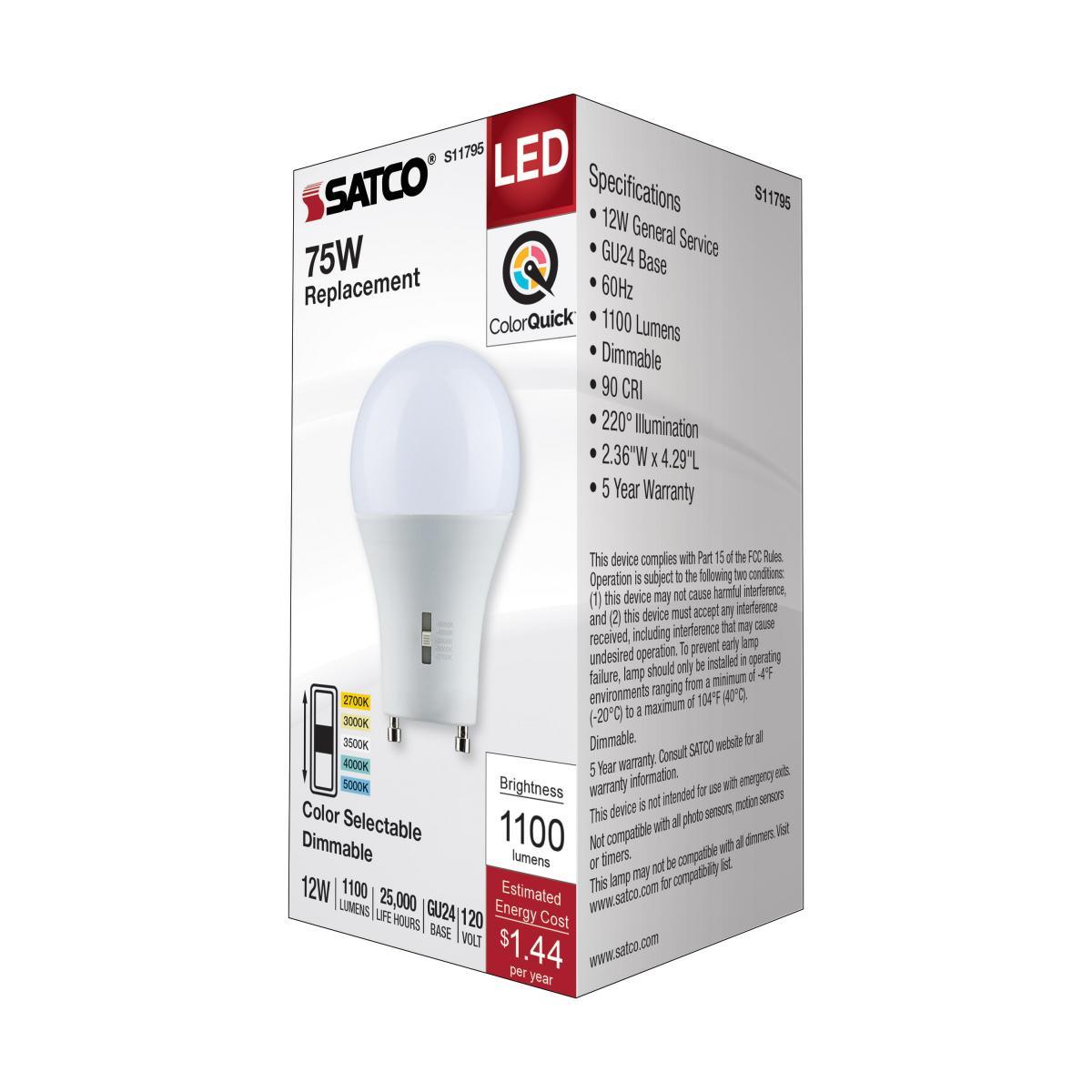 A19 LED Bulb, 75W Equivalent, 12 Watt, 1100 Lumens, Selectable CCT 2700K to 5000K, GU24 Base, Frosted Finish - Bees Lighting