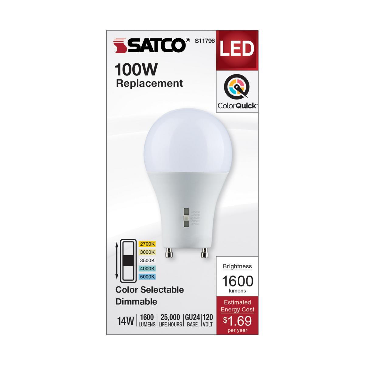 A19 LED Bulb, 100W Equivalent, 14 Watt, 1600 Lumens, Selectable CCT 2700K to 5000K, GU24 Base, Frosted Finish