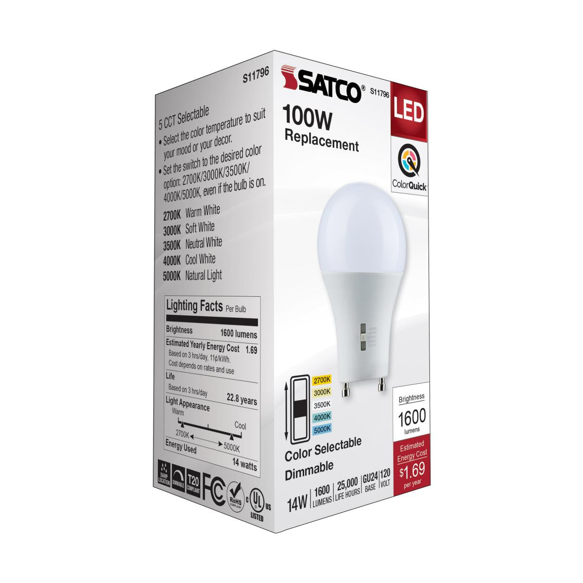 A19 LED Bulb, 100W Equivalent, 14 Watt, 1600 Lumens, Selectable CCT 2700K to 5000K, GU24 Base, Frosted Finish - Bees Lighting