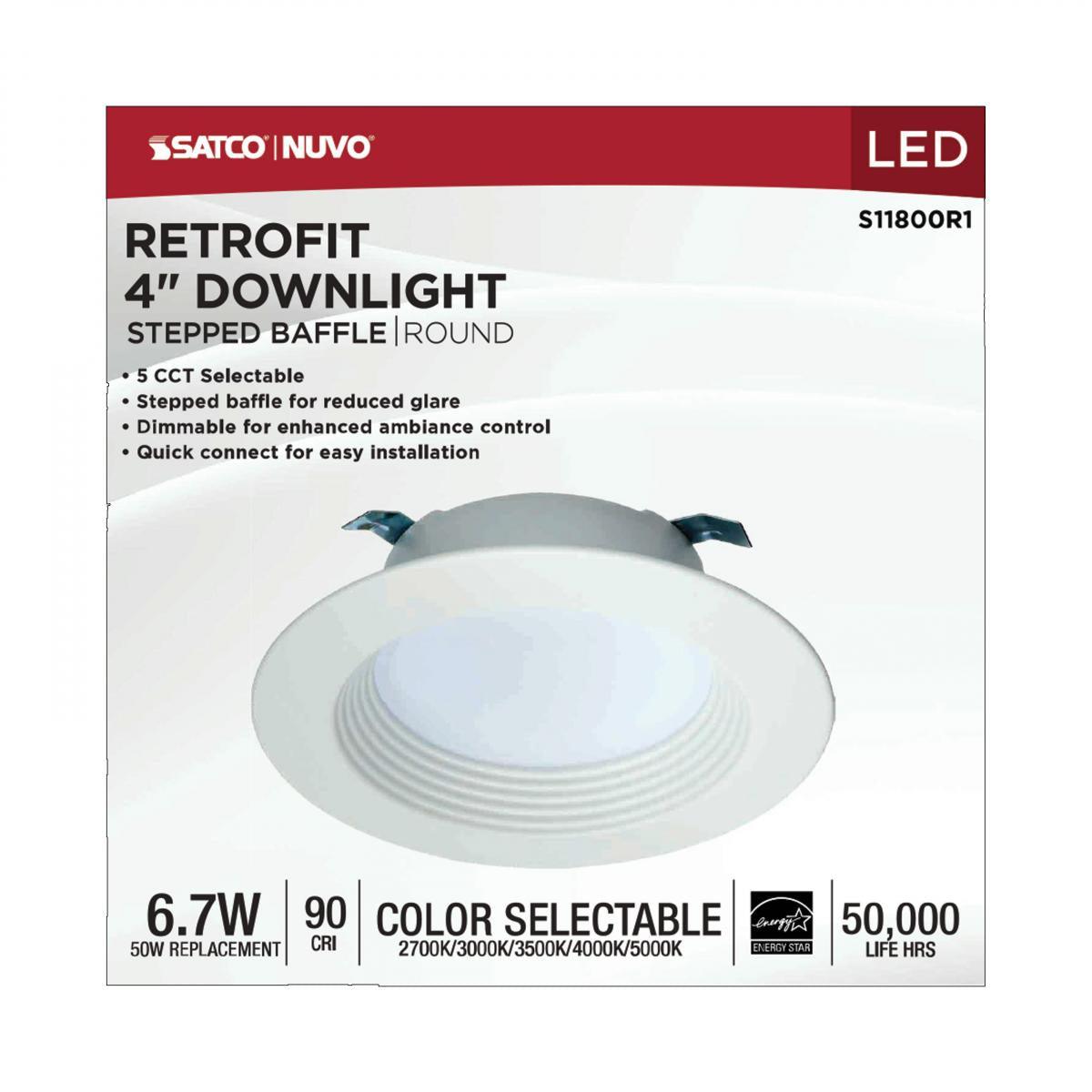 4 inch Retrofit LED Recessed Can Light, Round, 6.7 Watt, 600 Lumens, Selectable CCT, 2700K to 5000K, Baffle Trim