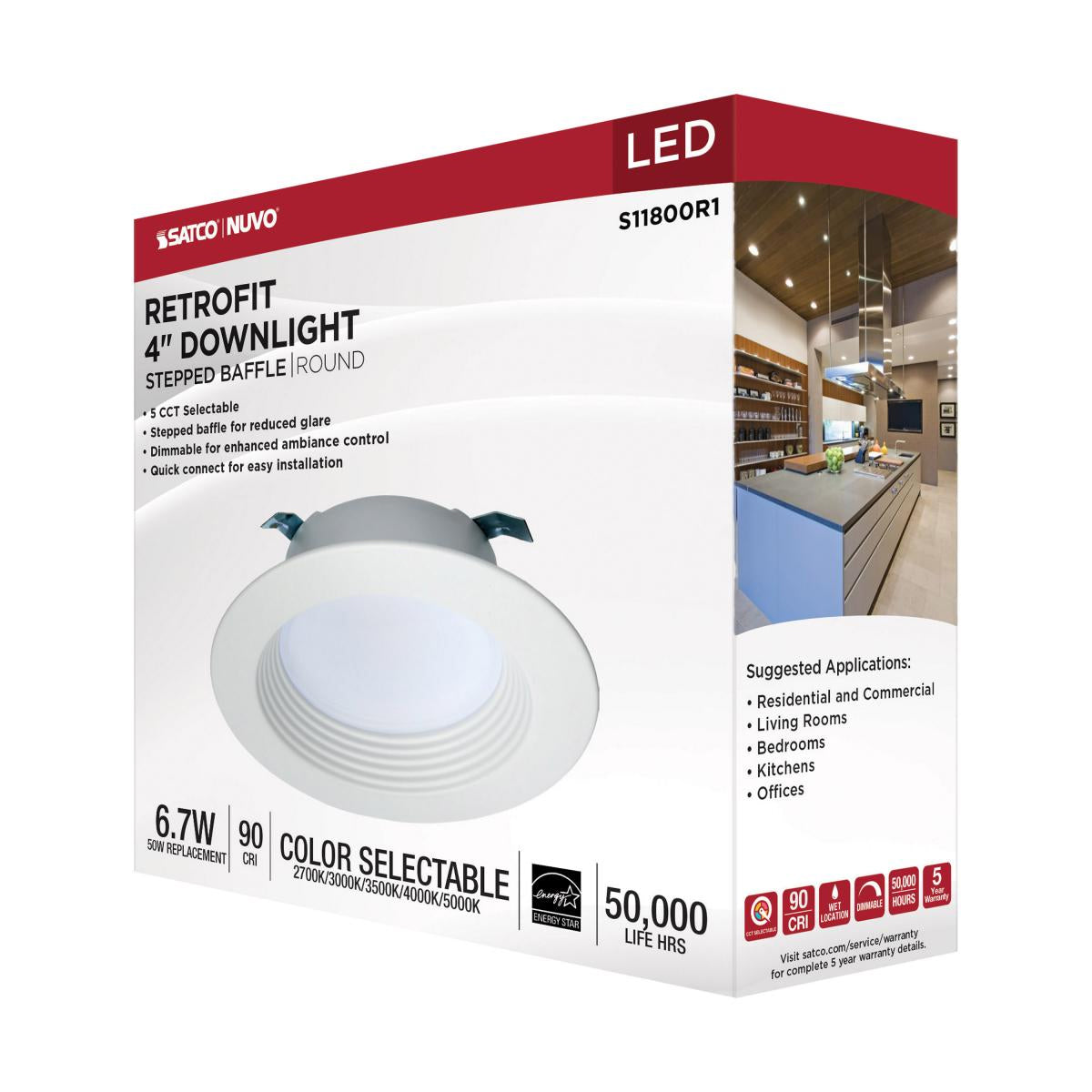 4 inch Canless LED Recessed Light, Round, 6.7 Watt, 600 Lumens, Selectable CCT, 2700K to 5000K, Baffle Trim