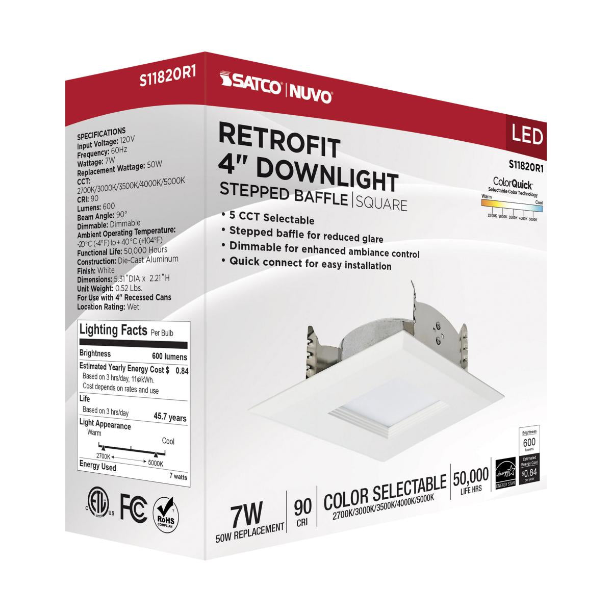4 inch Retrofit LED Recessed Can Light, Edge-Lit, Square, 6.7 Watt, 600 Lumens, Selectable CCT, 2700K to 5000K, Baffle Trim