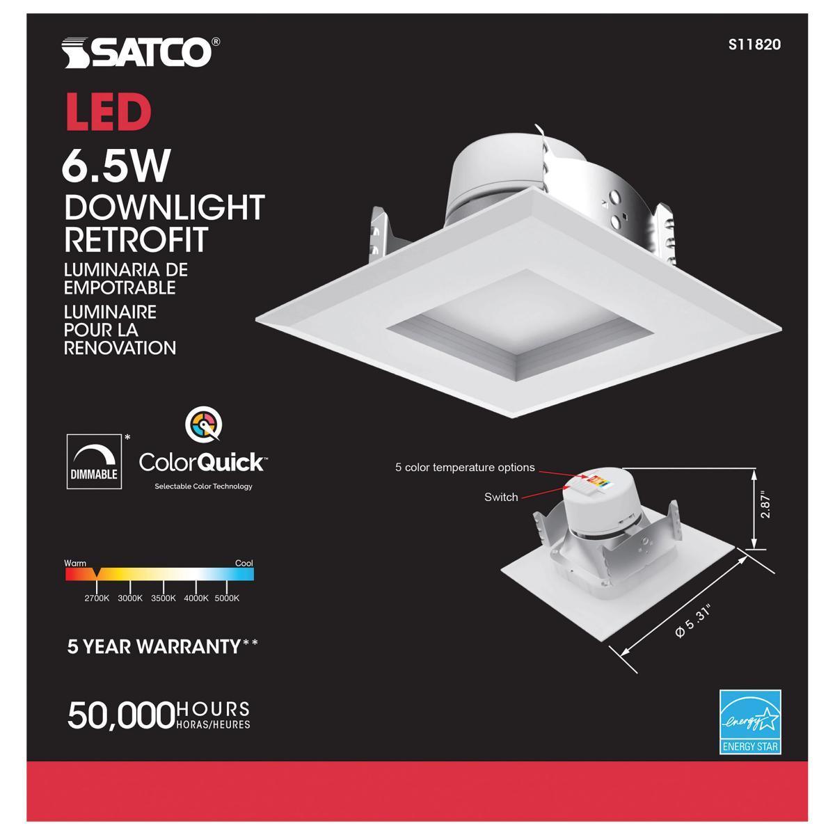 4 Inch Square Retrofit LED Can Light, 6 Watt, 600 Lumens, Selectable CCT, 2700K to 5000K, Baffle Trim