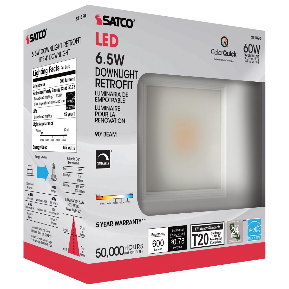 4 Inch Square Retrofit LED Can Light, 6 Watt, 600 Lumens, Selectable CCT, 2700K to 5000K, Baffle Trim