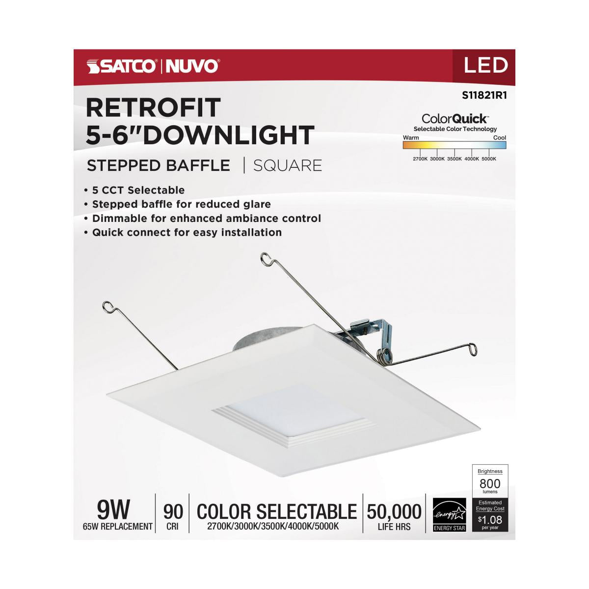 5/6 inch Retrofit LED Recessed Can Light, Edge-Lit, Square, 9 Watt, 800 Lumens, Selectable CCT, 2700K to 5000K, Baffle Trim