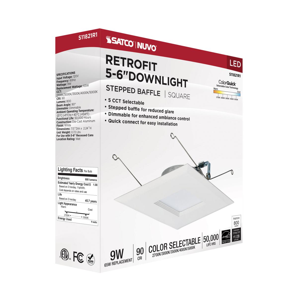 5/6 inch Retrofit LED Recessed Can Light, Edge-Lit, Square, 9 Watt, 800 Lumens, Selectable CCT, 2700K to 5000K, Baffle Trim