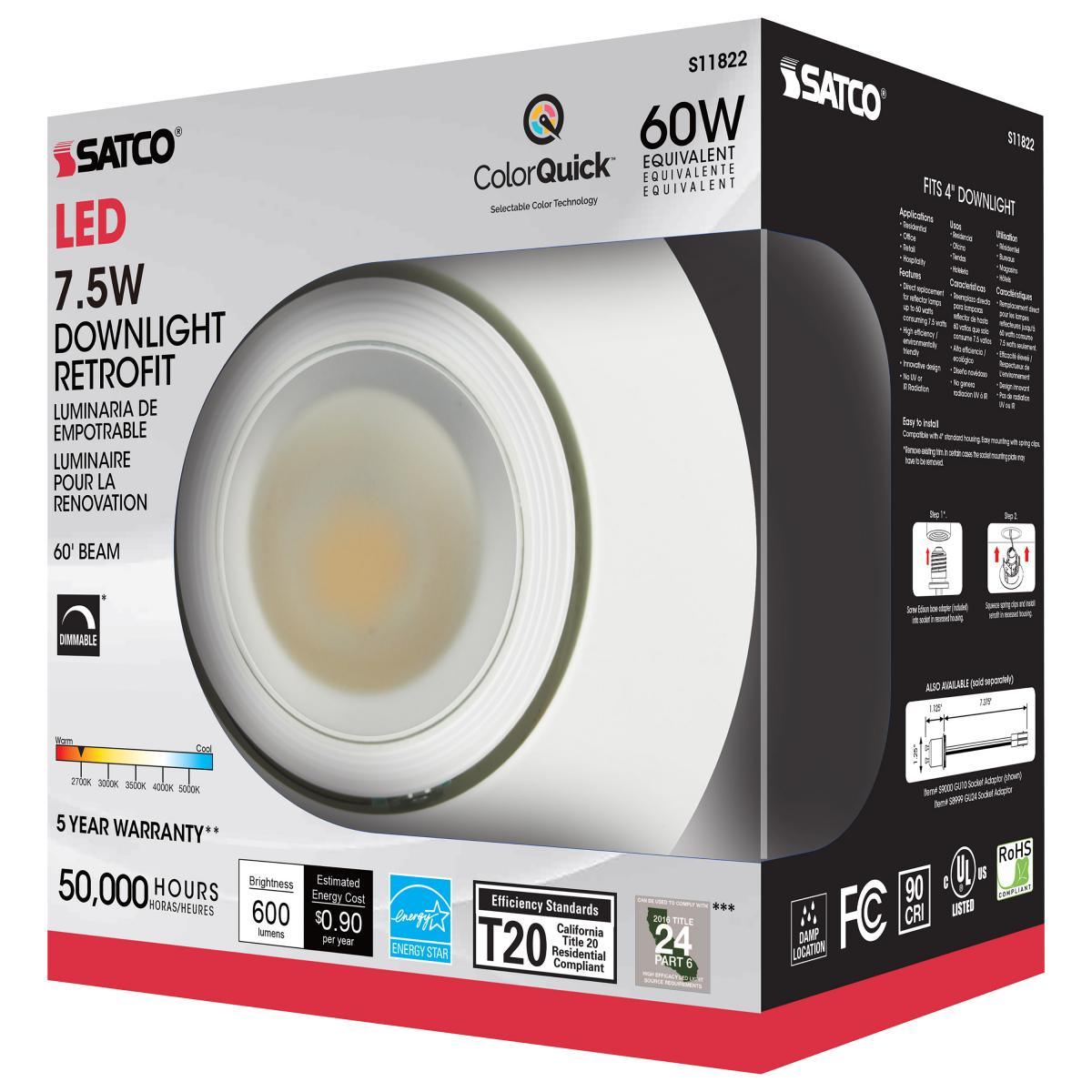 4 Inch Round LED Directional Retrofit Downlight, 7 Watt, 600 Lumens, Selectable CCT, 2700K to 5000K, Baffle Trim