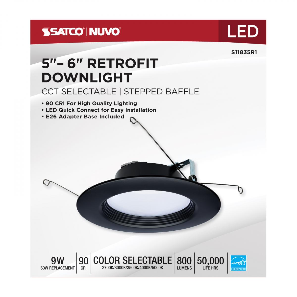 5/6" Retrofit LED Can Light, 9W, 800 Lm, 5-CCT, Black Baffle Trim - Bees Lighting