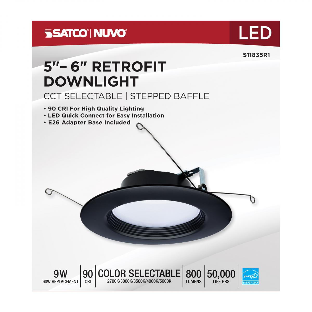 6 Inch Round LED Downlight Retrofit, 9 Watt, 800 Lumens, Selectable CCT, 2700K to 5000K, Baffle Trim, Black Finish