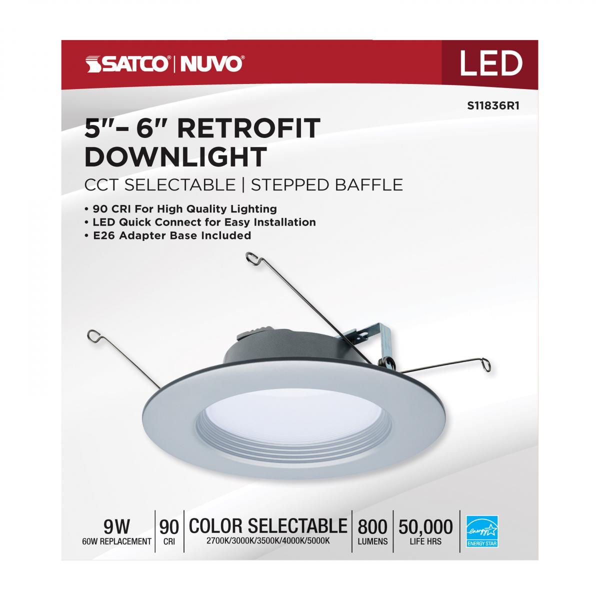 6 Inch Round LED Downlight Retrofit, 9 Watt, 800 Lumens, Selectable CCT, 2700K to 5000K, Baffle Trim, Brushed Nickel Finish