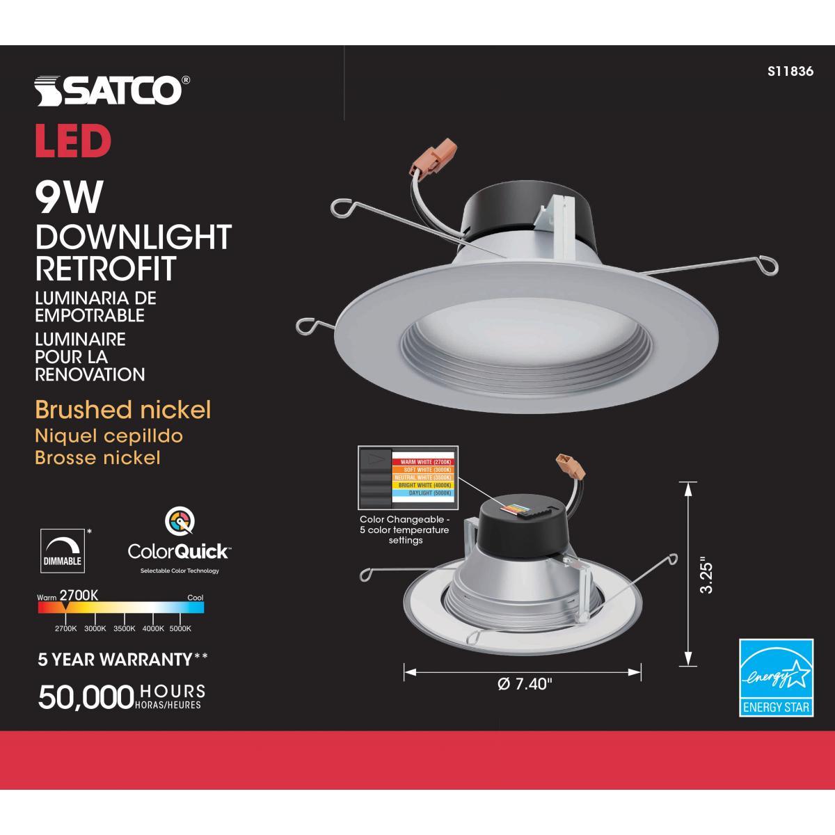 6 Inch Recessed LED Can Light, Round, 9 Watt, 800 Lumens, Selectable CCT, 2700K to 5000K, Brushed Nickel Finish