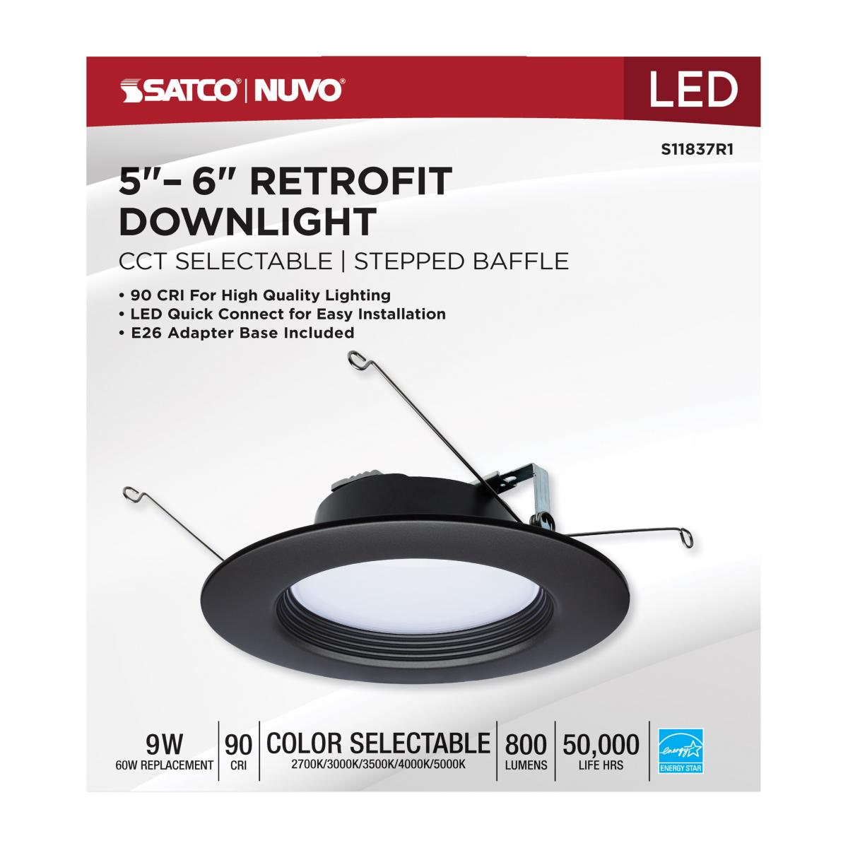 6 Inch Round LED Downlight Retrofit, 9 Watt, 800 Lumens, Selectable CCT, 2700K to 5000K, Baffle Trim, Bronze Finish