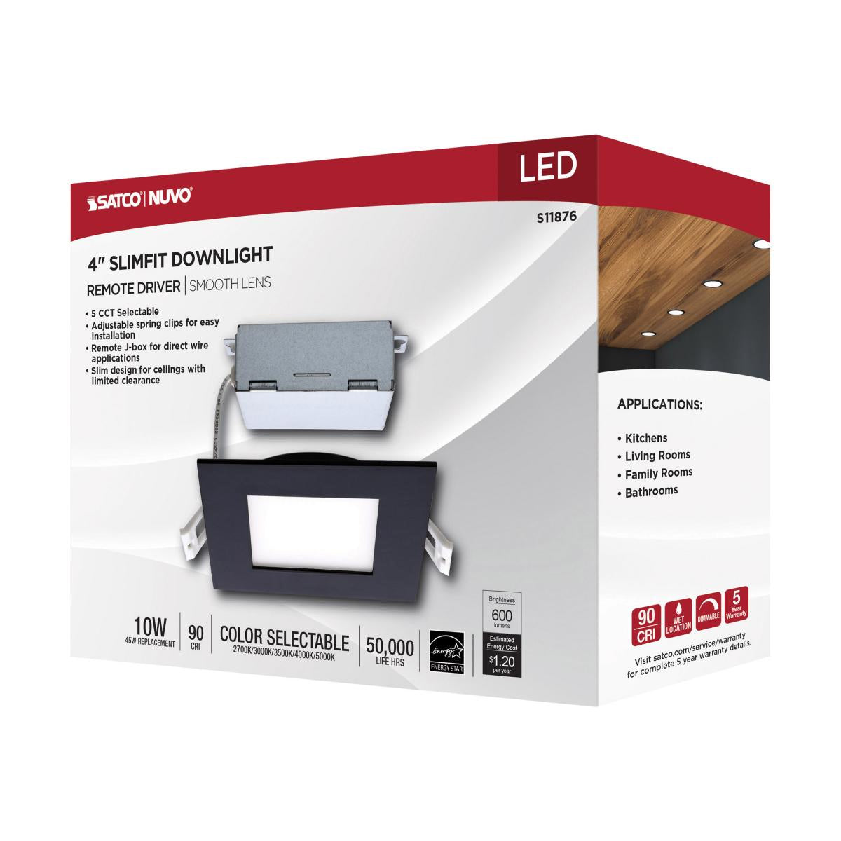Slim Fit 4" Square Canless LED Recessed Light, 650 Lm, 5-CCT, Black Trim - Bees Lighting