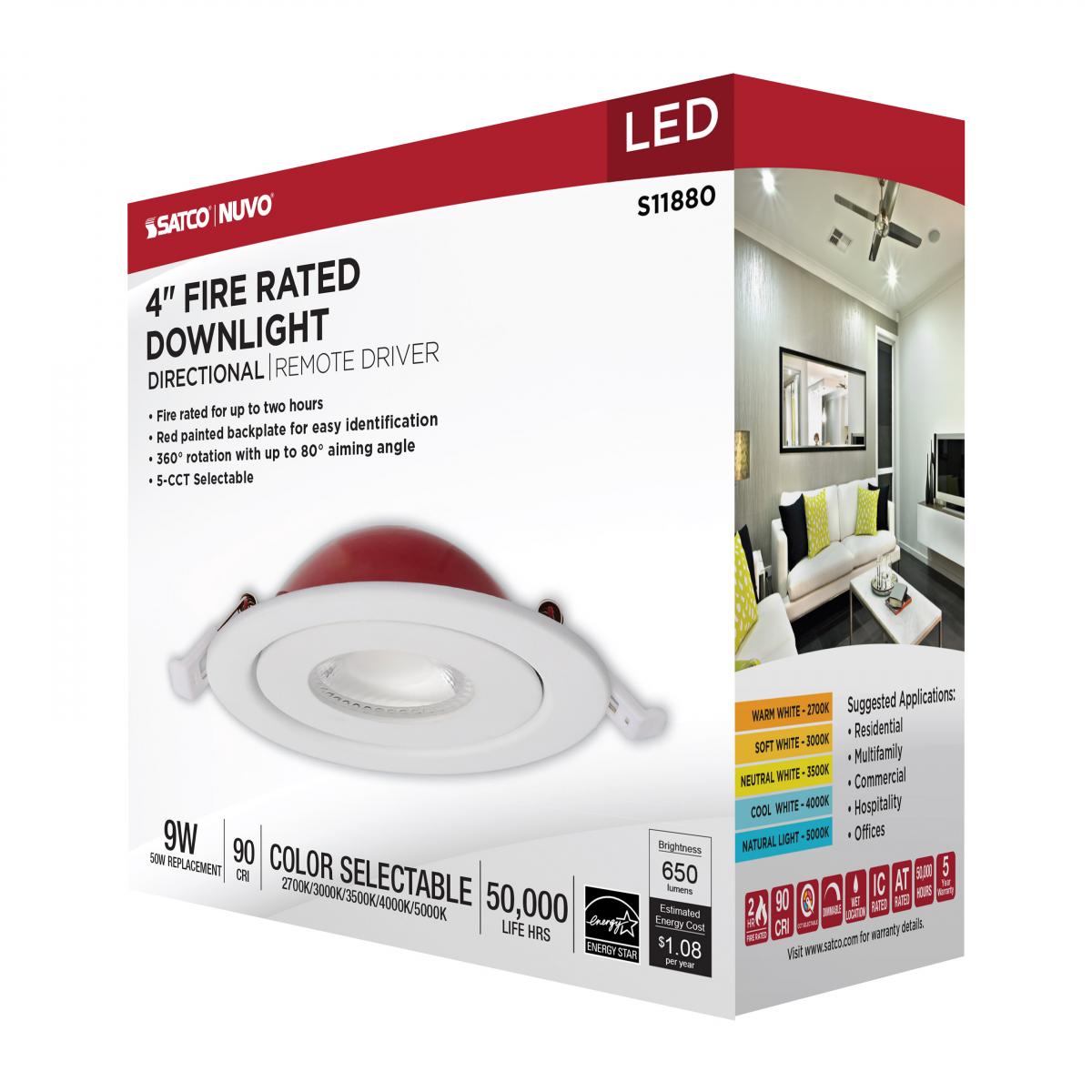 4 Inch Round LED Fire Rated Directional Downlight, 9 Watt, 650 Lumens, Selectable CCT 2700K to 5000K, Adjustable Trim, White Finish