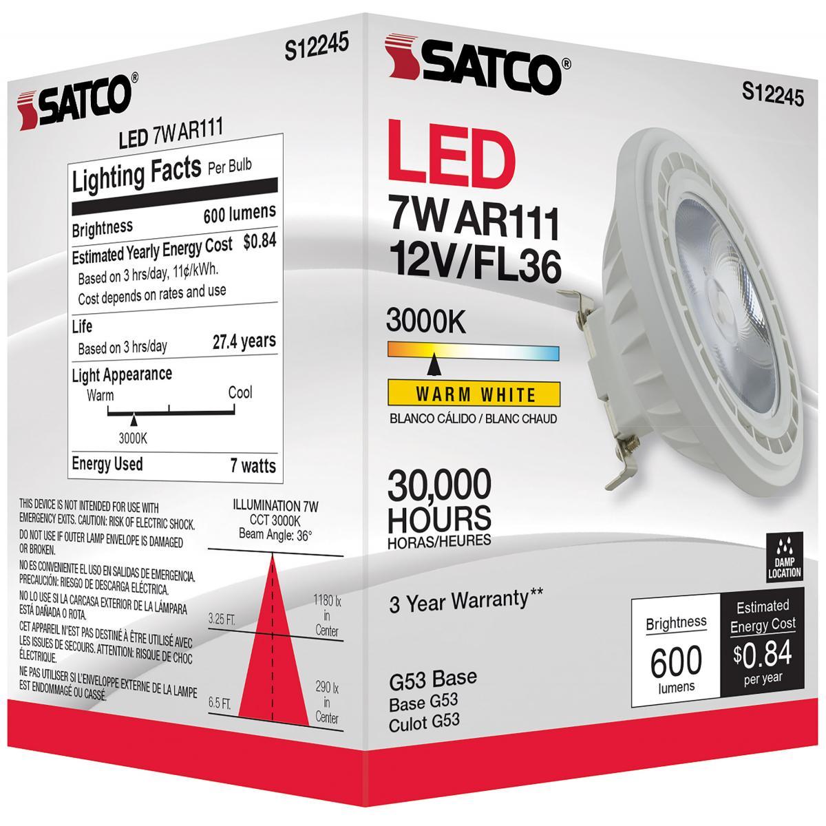 LED AR111 Reflector bulb, 7 watt, 600 Lumens, 3000K, G53 Base, 36 Deg. Flood