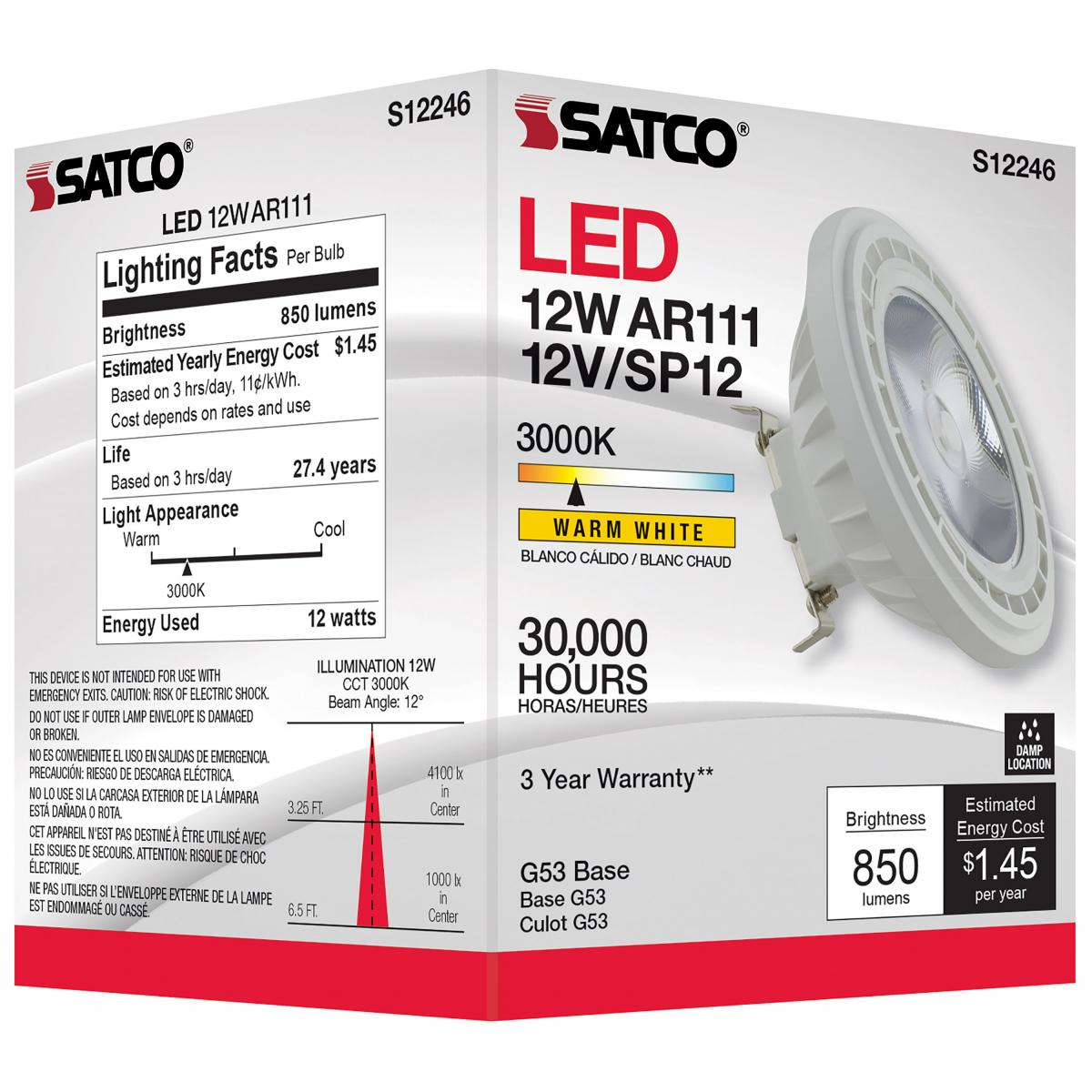 AR111 LED Bulb, 12 Watts, 850 Lumens, 3000K, G53 Base, 12° Narrow Spot, 12V - Bees Lighting