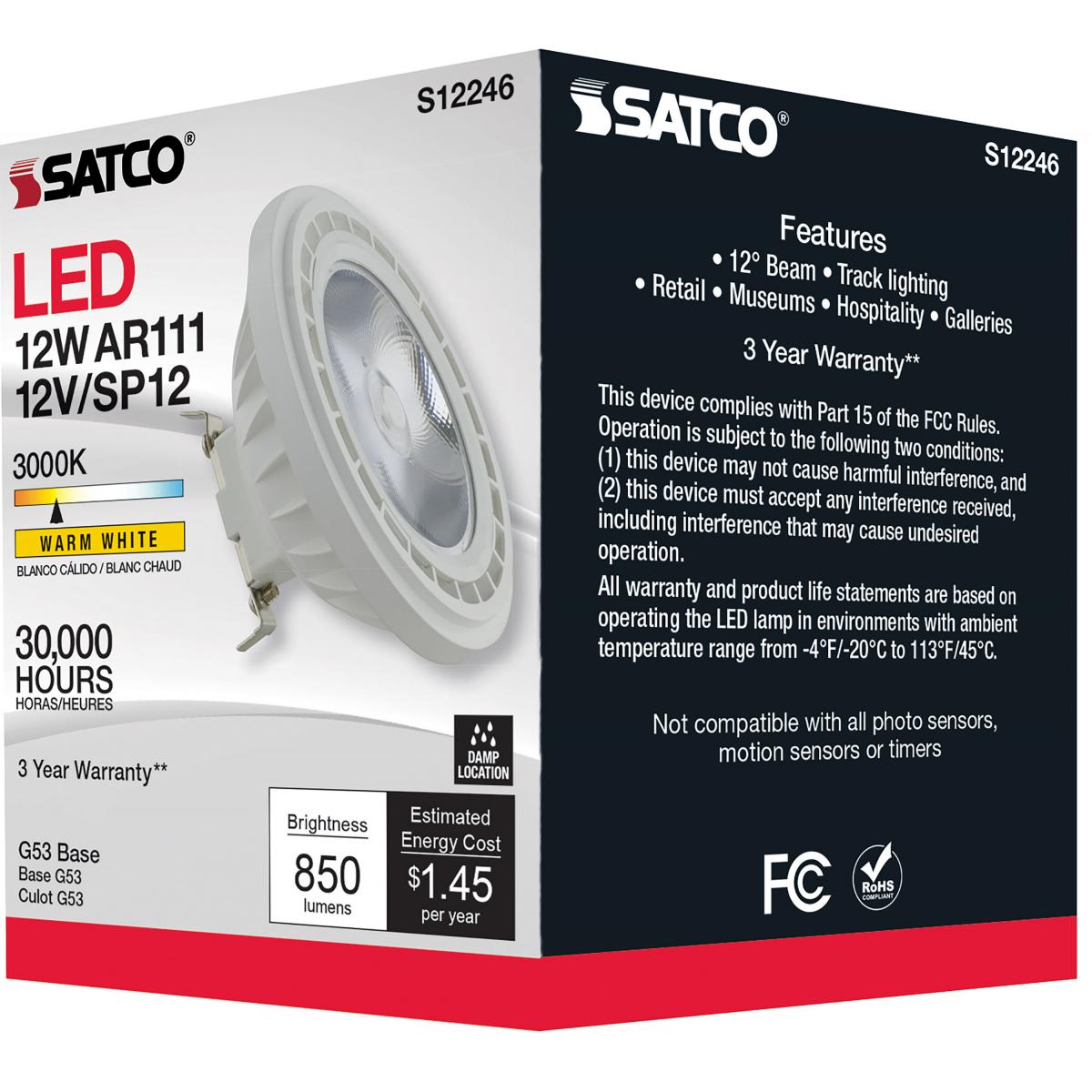 AR111 LED Bulb, 12 Watts, 850 Lumens, 3000K, G53 Base, 12° Narrow Spot, 12V - Bees Lighting