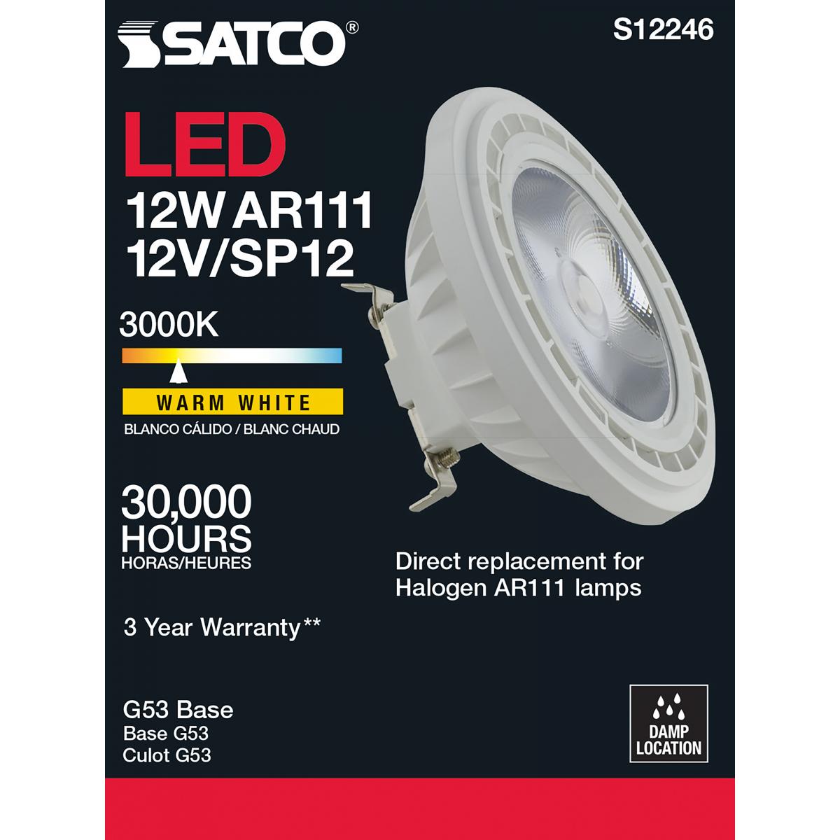 AR111 LED Bulb, 12 Watts, 850 Lumens, 3000K, G53 Base, 12° Narrow Spot, 12V - Bees Lighting