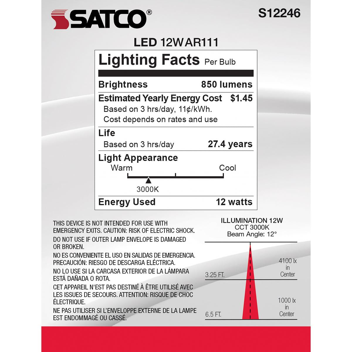 AR111 LED Bulb, 12 Watts, 850 Lumens, 3000K, G53 Base, 12° Narrow Spot, 12V - Bees Lighting