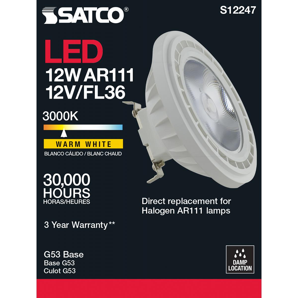 AR111 LED Bulb, 12 Watts, 900 Lumens, 3000K, G53 Base, 36° Narrow Flood, 12V - Bees Lighting