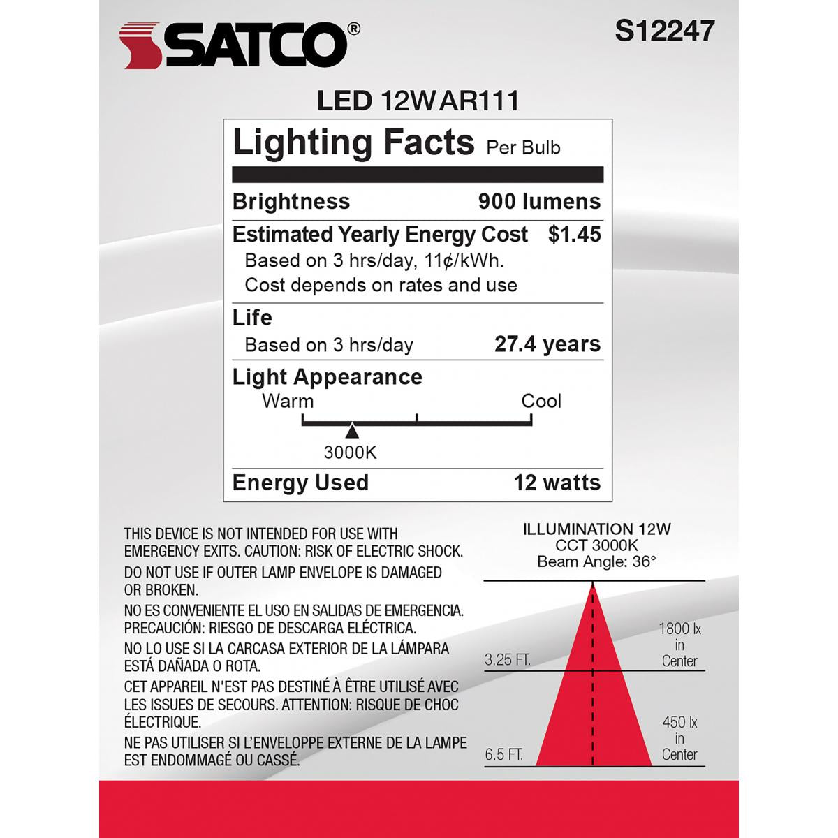 AR111 LED Bulb, 12 Watts, 900 Lumens, 3000K, G53 Base, 36° Narrow Flood, 12V - Bees Lighting