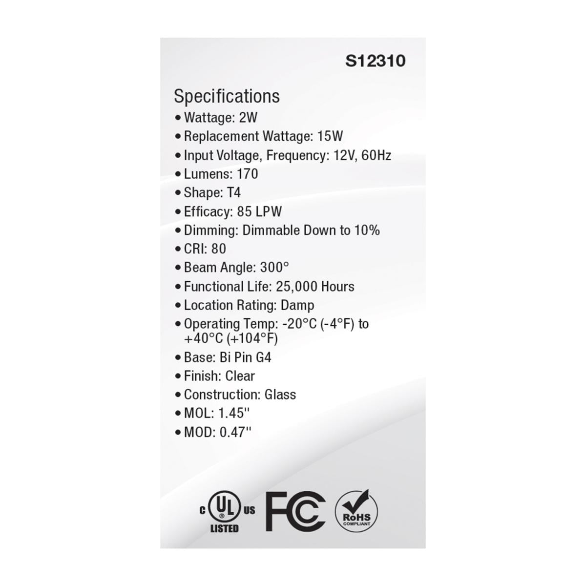 T4 Mini LED Bulb, 2 Watts, 170 Lumens, 3000K, G4 Base, Clear Finish, 12V - Bees Lighting
