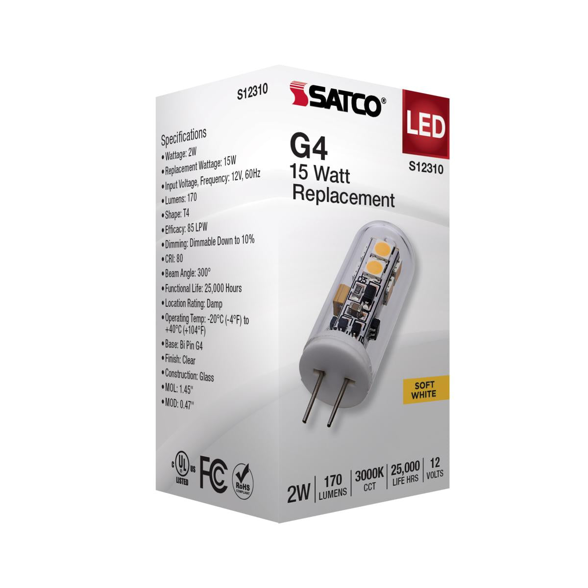 T4 Mini LED Bulb, 2 Watts, 170 Lumens, 3000K, G4 Base, Clear Finish, 12V - Bees Lighting