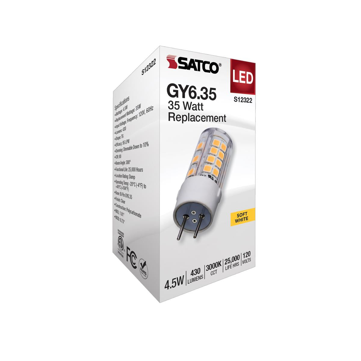 T6 Mini LED Bulb, 4.5 Watts, 430 Lumens, 3000K, GY6.35 Base, Clear Finish, 120V - Bees Lighting