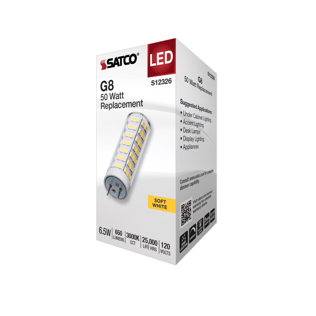 T6 Mini LED Bulb, 6.5 Watts, 650 Lumens, 3000K, G8 Base, Clear Finish, 120V