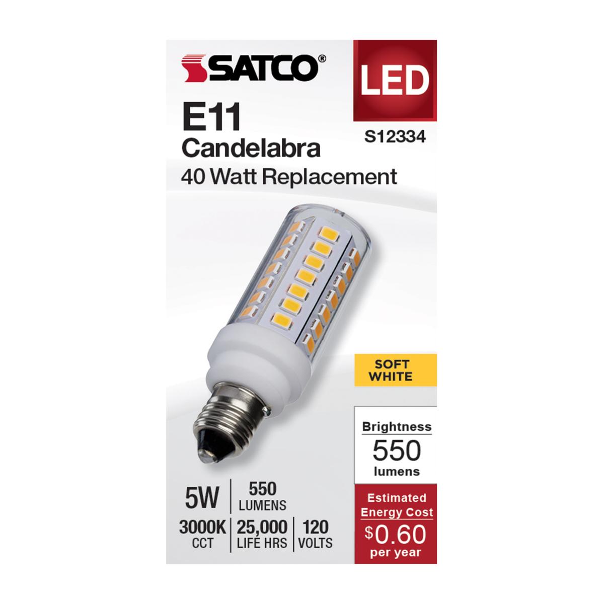 T6 Mini LED Bulb, 5 Watts, 550 Lumens, 3000K, E11 Mini-Candelabra Base, Clear Finish, 120V - Bees Lighting