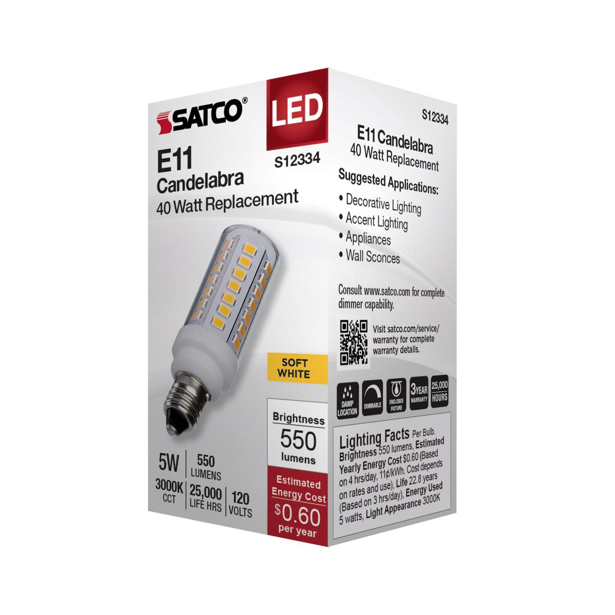 T6 Mini LED Bulb, 5 Watts, 550 Lumens, 3000K, E11 Mini-Candelabra Base, Clear Finish, 120V - Bees Lighting