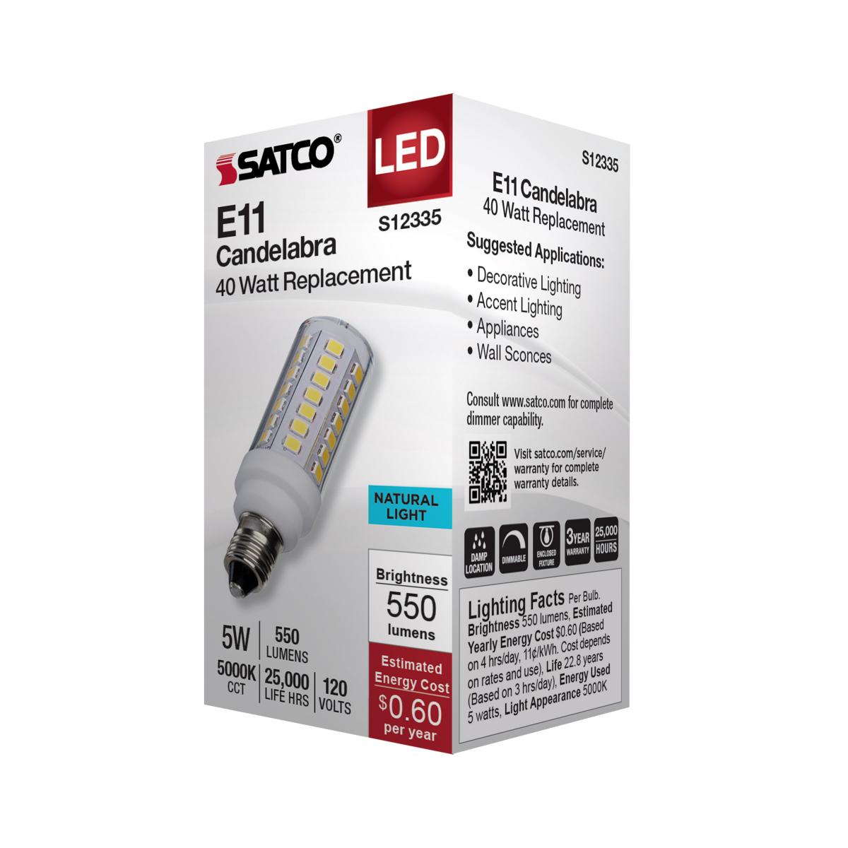 T6 Mini LED Bulb, 5 Watts, 550 Lumens, 5000K, E11 Mini-Candelabra Base, Clear Finish, 120V - Bees Lighting