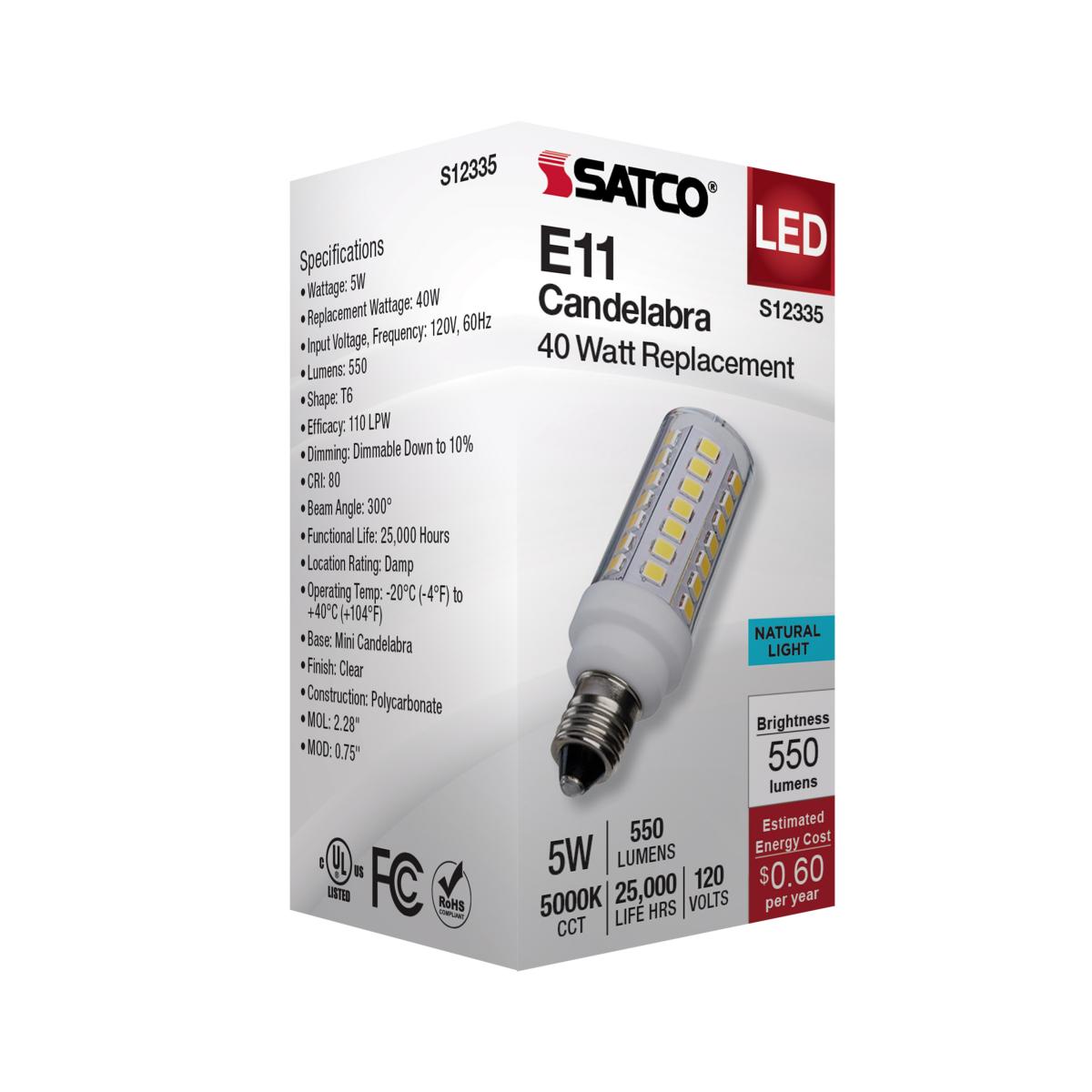 T6 Mini LED Bulb, 5 Watts, 550 Lumens, 5000K, E11 Mini-Candelabra Base, Clear Finish, 120V - Bees Lighting