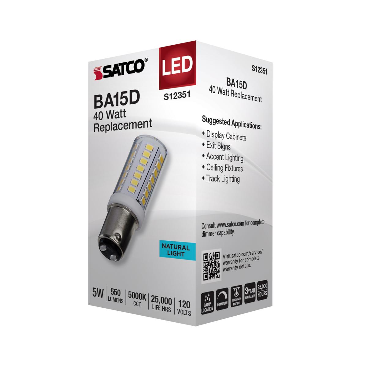 T6 Mini LED Bulb, 5 Watts, 550 Lumens, 5000K, BA15d Double Bayonet Base, Clear Finish, 120V - Bees Lighting