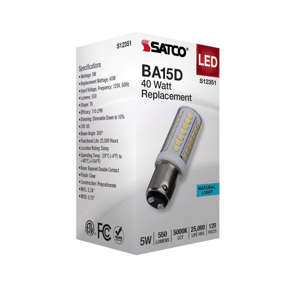 T6 Mini LED Bulb, 5 Watts, 550 Lumens, 5000K, BA15d Double Bayonet Base, Clear Finish, 120V - Bees Lighting