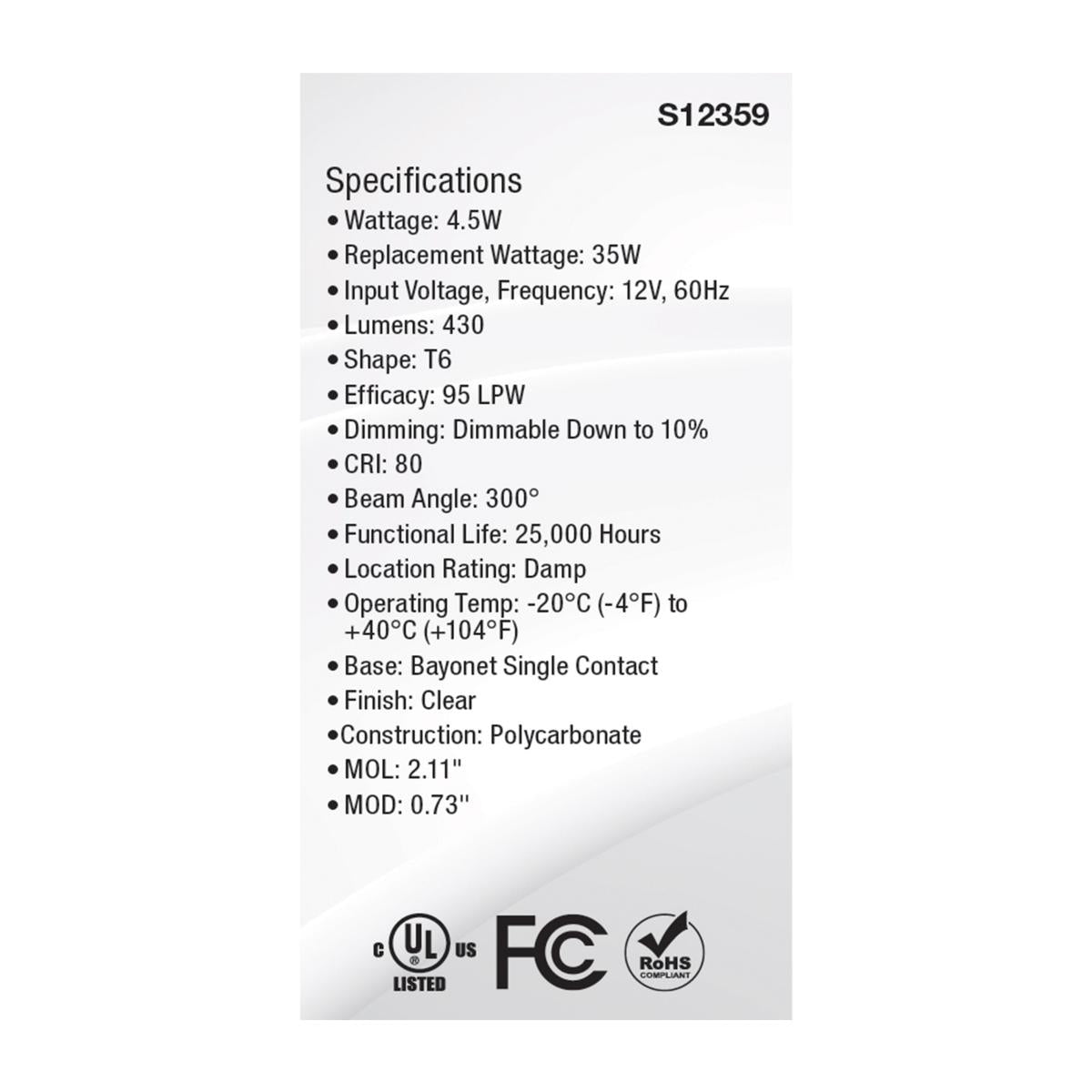 T6 Mini LED Bulb, 4.5 Watts, 430 Lumens, 5000K, BA15s Single Bayonet Base, Clear Finish, 12V - Bees Lighting