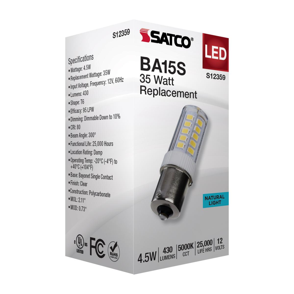 T6 Mini LED Bulb, 4.5 Watts, 430 Lumens, 5000K, BA15s Single Bayonet Base, Clear Finish, 12V - Bees Lighting