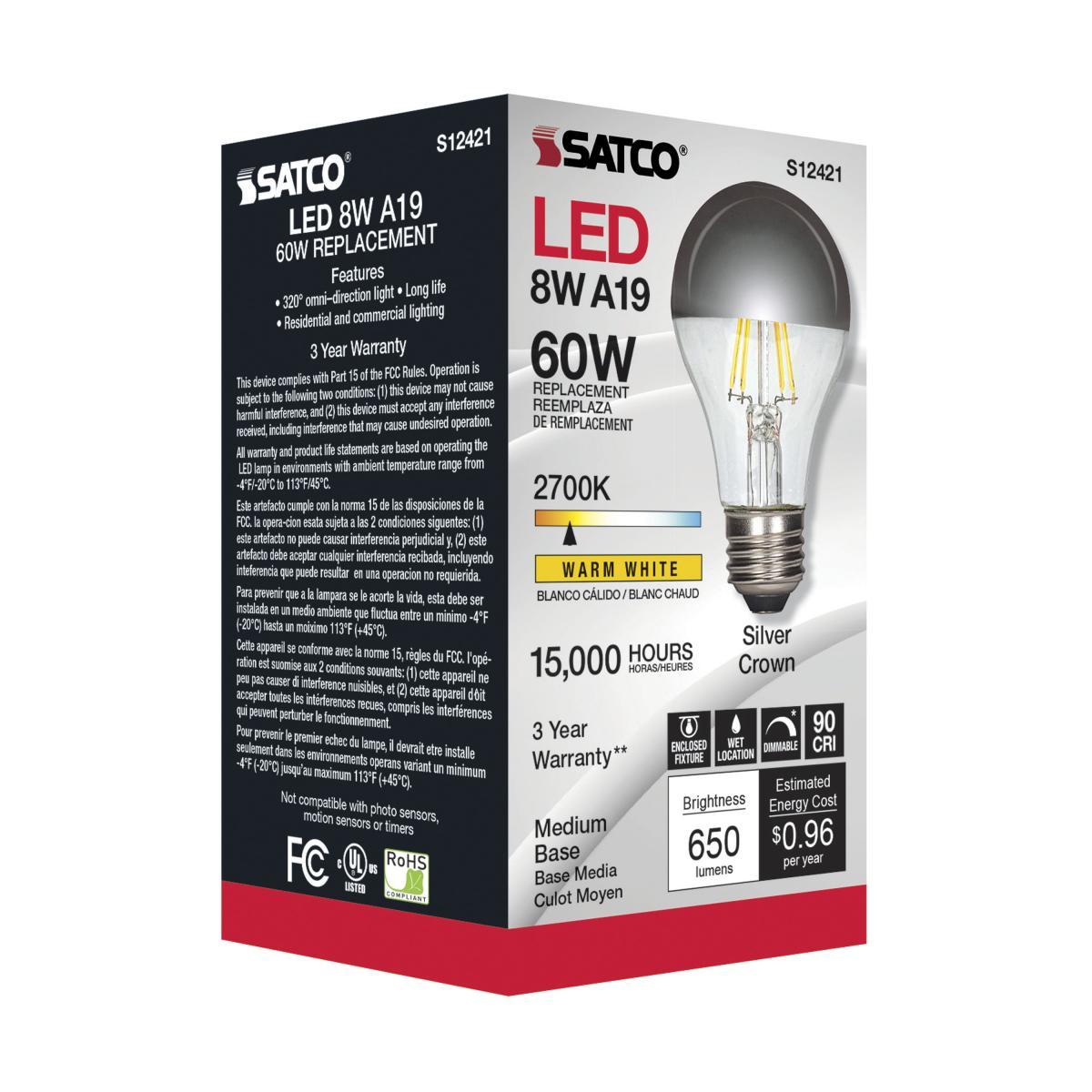 Silver Crown A19 LED Filament Bulb, 6 Watts, 650 Lumens, 2700K, 60W Equal, E26 Medium Base - Bees Lighting