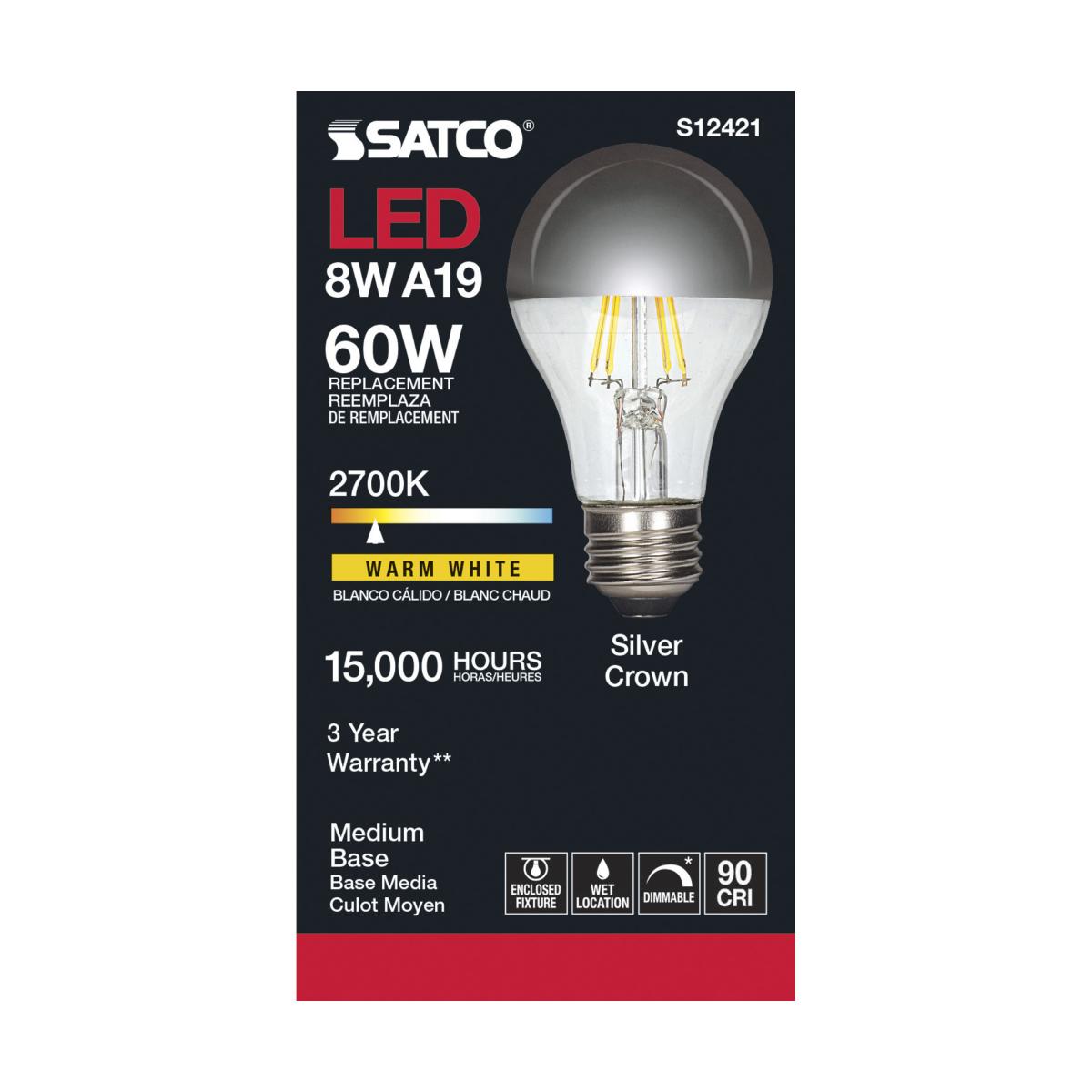 Silver Crown A19 LED Filament Bulb, 6 Watts, 650 Lumens, 2700K, 60W Equal, E26 Medium Base - Bees Lighting