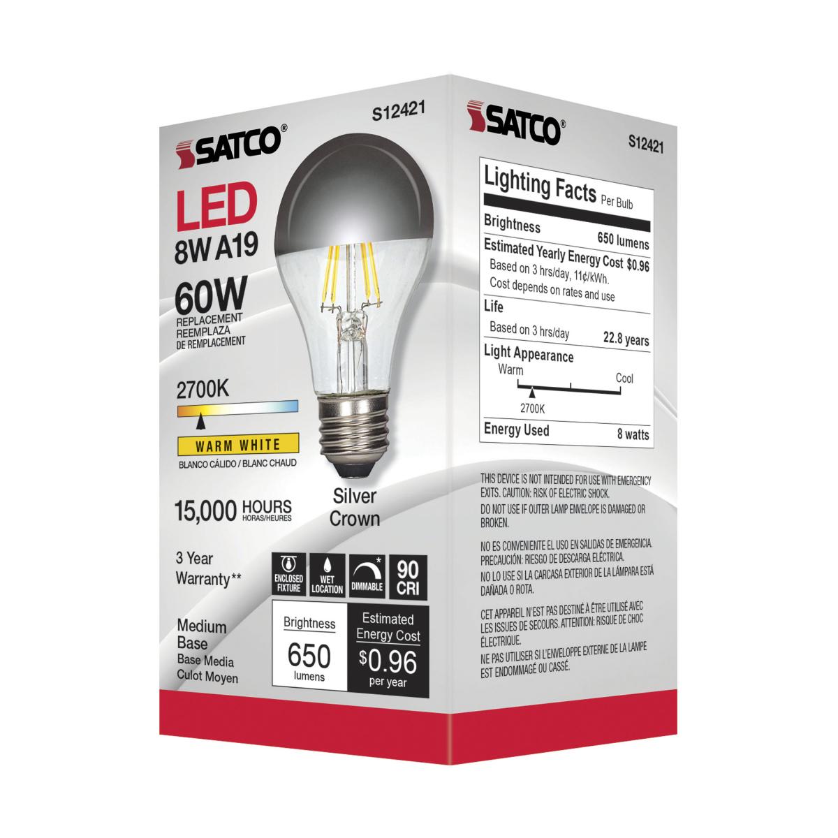 Silver Crown A19 LED Filament Bulb, 6 Watts, 650 Lumens, 2700K, 60W Equal, E26 Medium Base - Bees Lighting