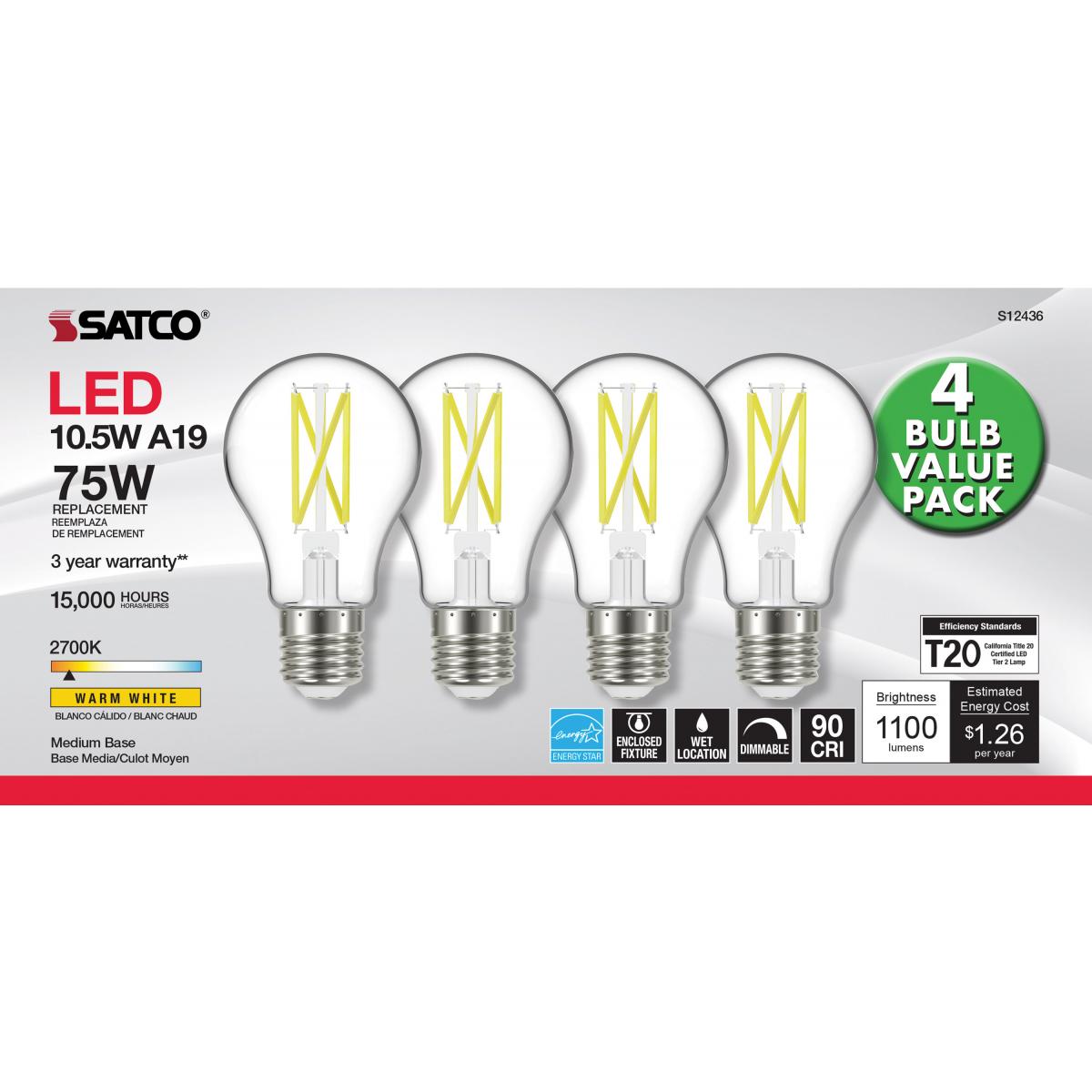 A19 LED Bulb, 75W Equivalent, 11 Watts, 1100 Lumens, 2700K, E26 Medium Base, Clear, Pack of 4